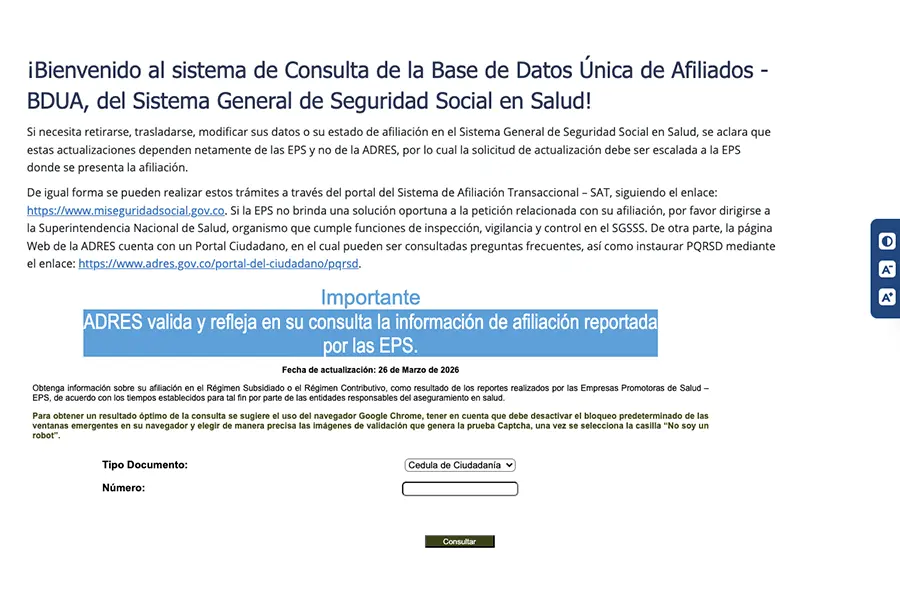ADRES Official website landing and area for information input.