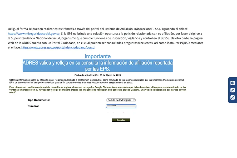 Click the “Consultar” button to check your EPS status.