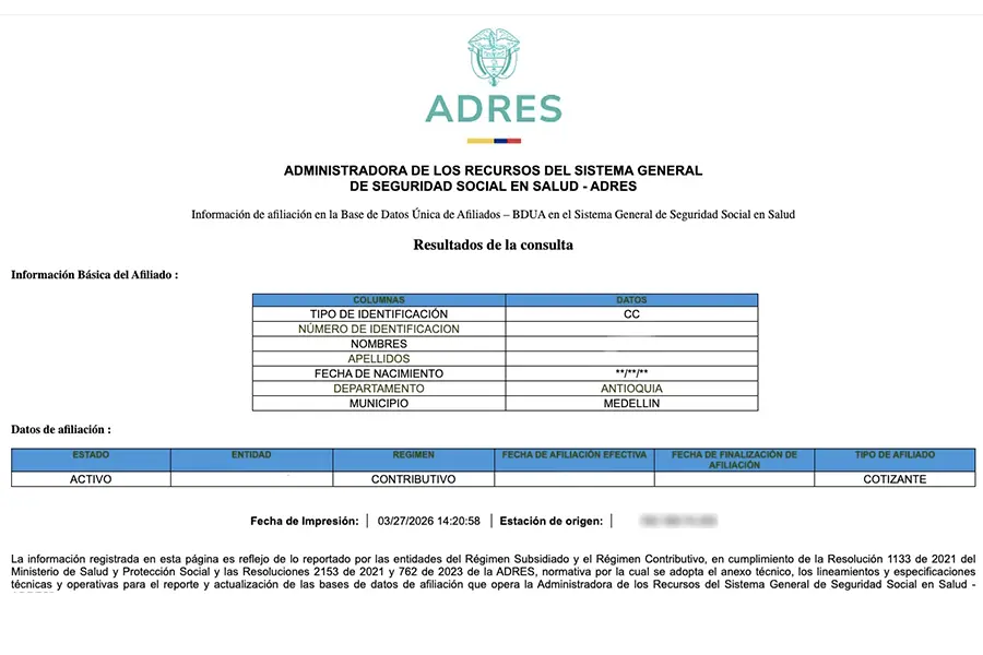 Search results by the ADRES website.
