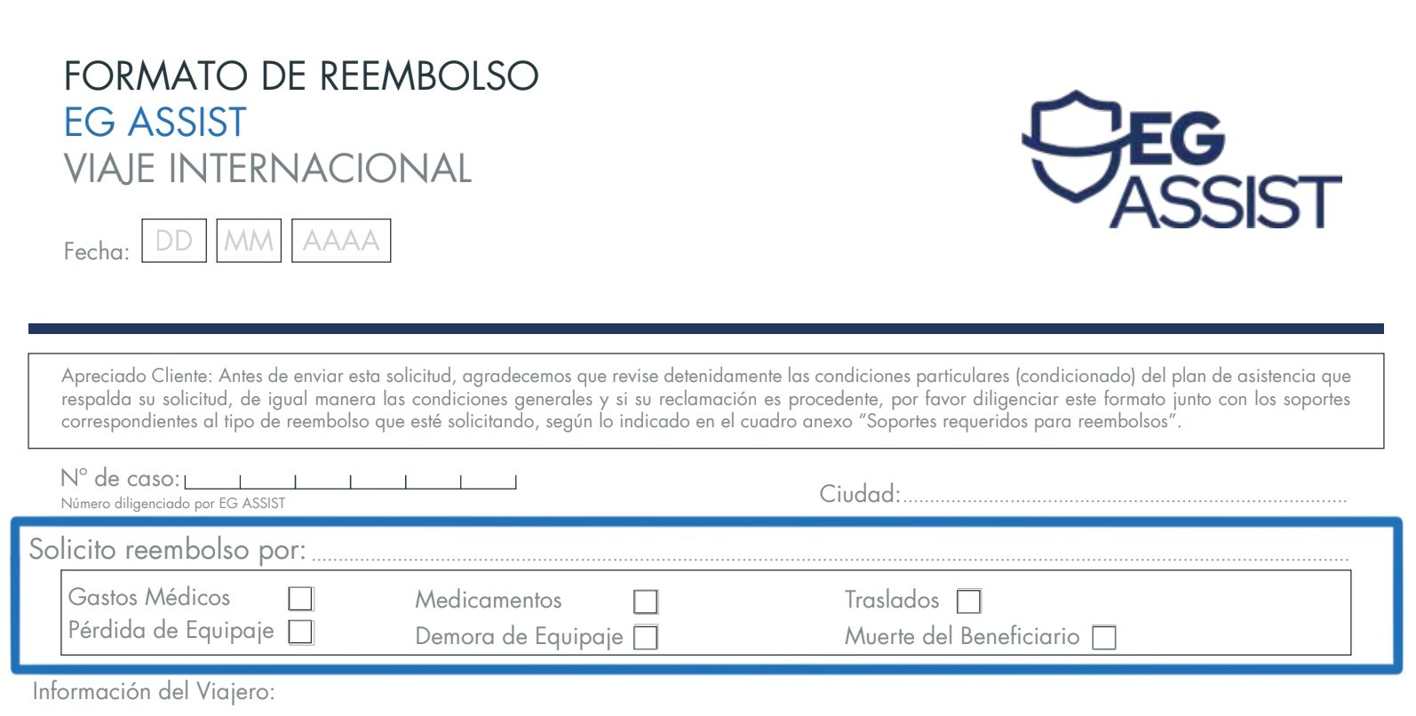 Selecciona el motivo de la reclamación de reembolso marcando las casillas correspondientes